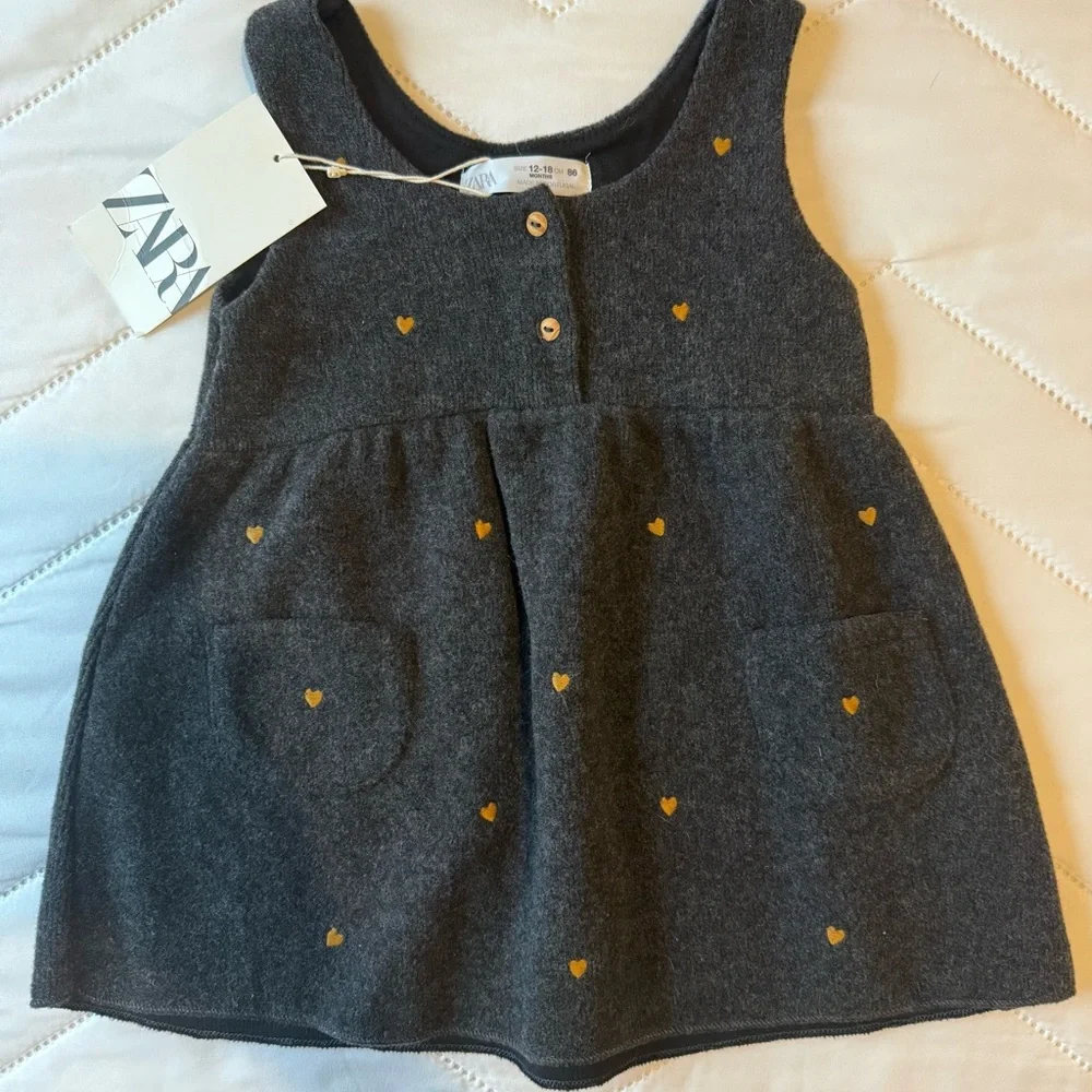 ZARA Charcoal Knit Dress with Gold Heart Accents